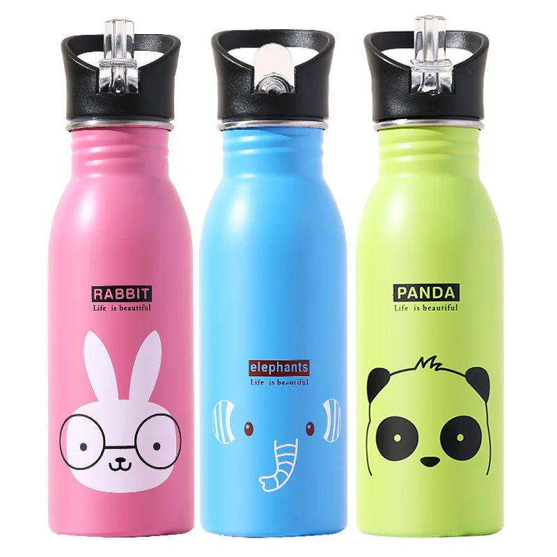 Wholesale American Style Cartoon Children Colorful Stainless Steel Sport Water Bottle with Straw and Carabiner