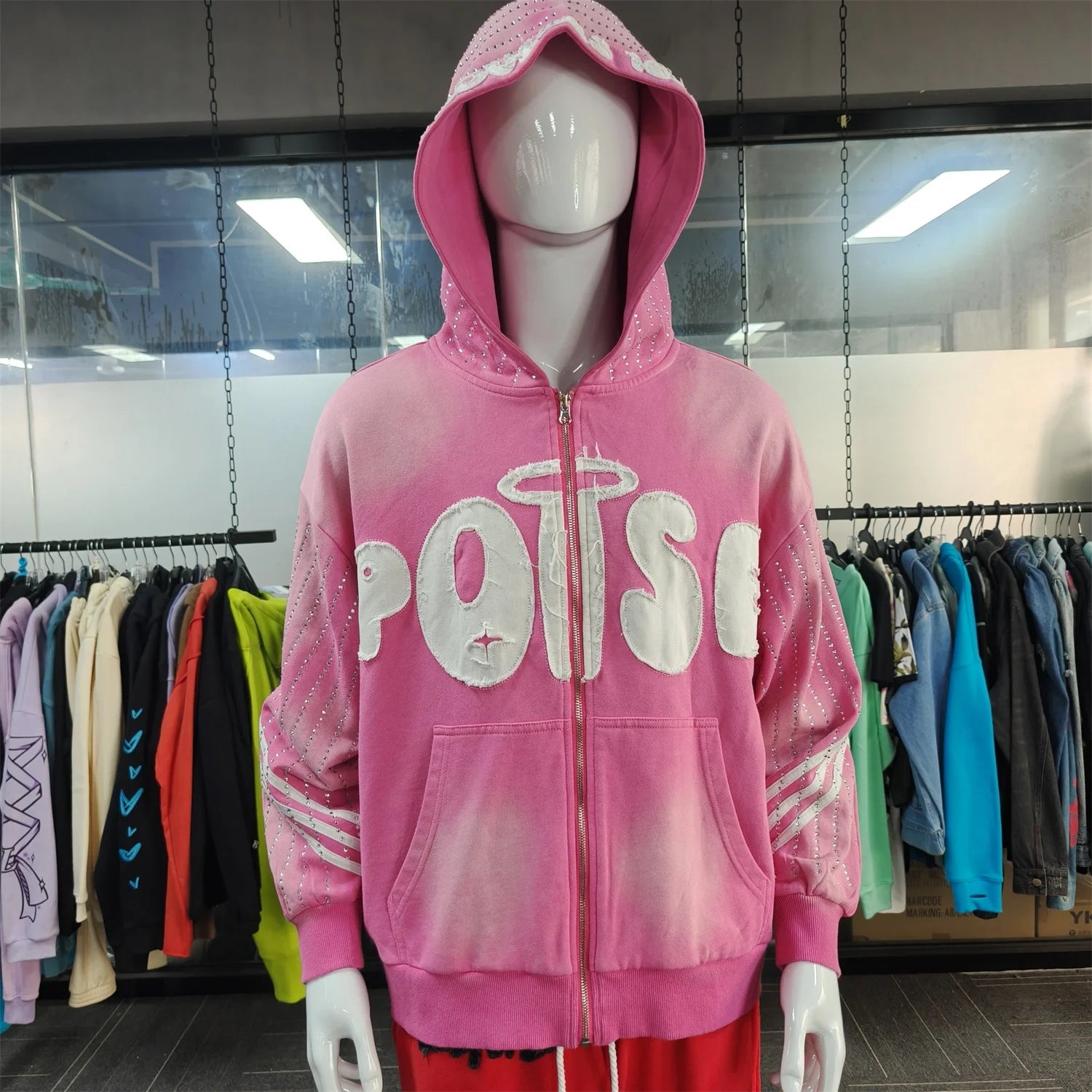 OEM Streetwear Applique Patch Letter Vintage Acid Wash Pullover Distressed Cry Studded Rhinestone PatchWork Pink Zip up Hoodie