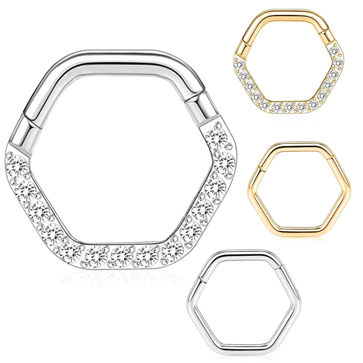 16G Piercing Nose Ring CZ 316L Surgical Steel Hexagon Septum Clicker Segment Ear Tragus Cartilage Helix Daith Earring Jewelry