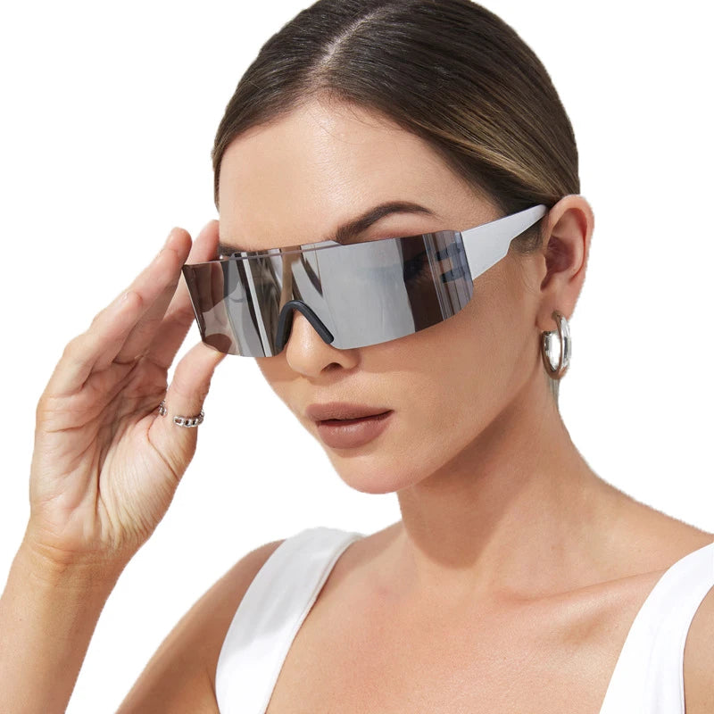 STORY BLS22313 Women Men Oversized Sports Sunglasses Silver Frame Rimless Custom Sun Glasses One Piece Outdoor Cycling Glasses