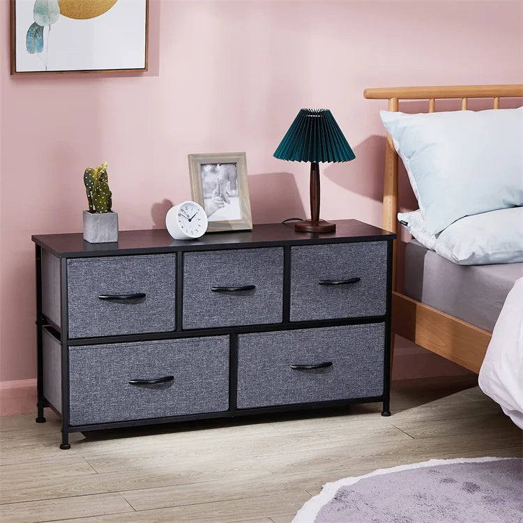 5 Drawer Chest Cabinet for Organize Clothes Easy Pull Wooden Top and Handles Adjustable Plastic Leg Fabric Dresser Drawers Chest