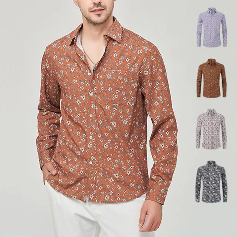 RNSHANGER Men's New Flower Printed Shirt Fashion Elastic Turn Down Collar Anti-wrinkle Long Sleeve Shirts for Men Loose Shirts