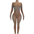 Sparkly See Through Long Sleeves Gloves Diamond Rompers Night Club Prom Bodysuits Women Sexy Evening Party Rhinestone Jumpsuits