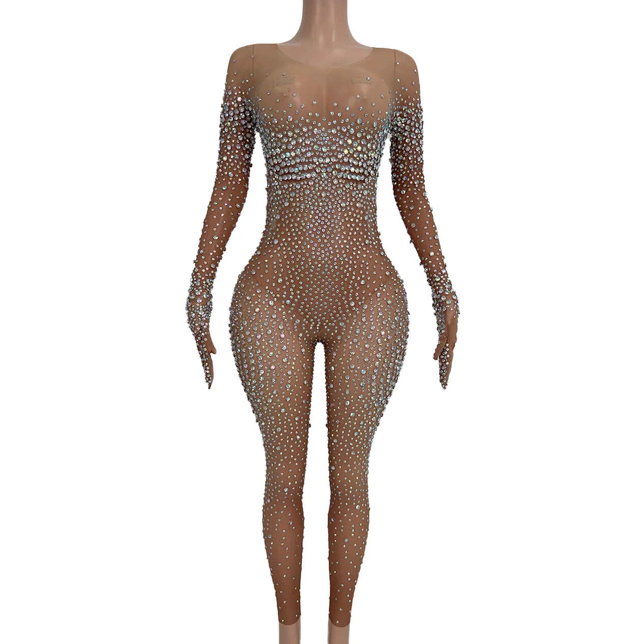 Sparkly See Through Long Sleeves Gloves Diamond Rompers Night Club Prom Bodysuits Women Sexy Evening Party Rhinestone Jumpsuits