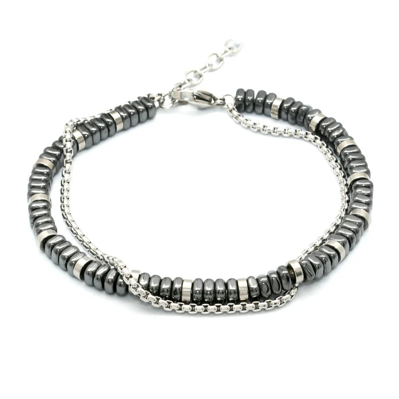 Fashion European Mini Size 304L Stainless Steel Pearl Chains Black Hematite Beads Double Layer Fashion Men Jewelry Bracelets