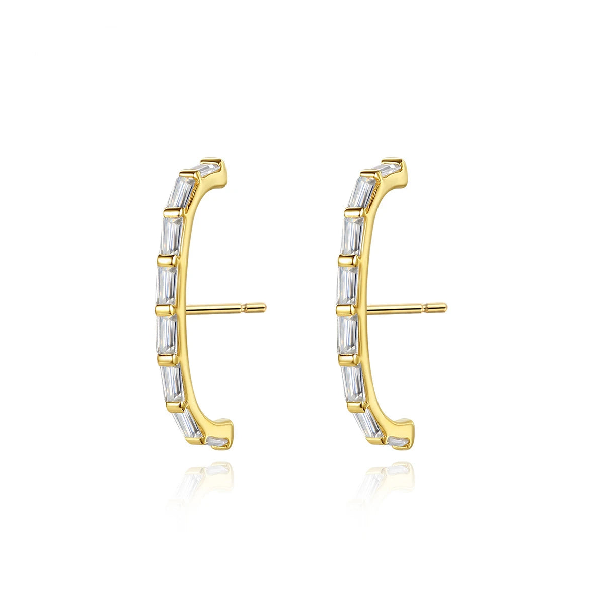 18K Gold Plated 925 Sterling Silver Baguette Zircon Curved Stud Earrings Minimalist Ear Climbers for Women Gift