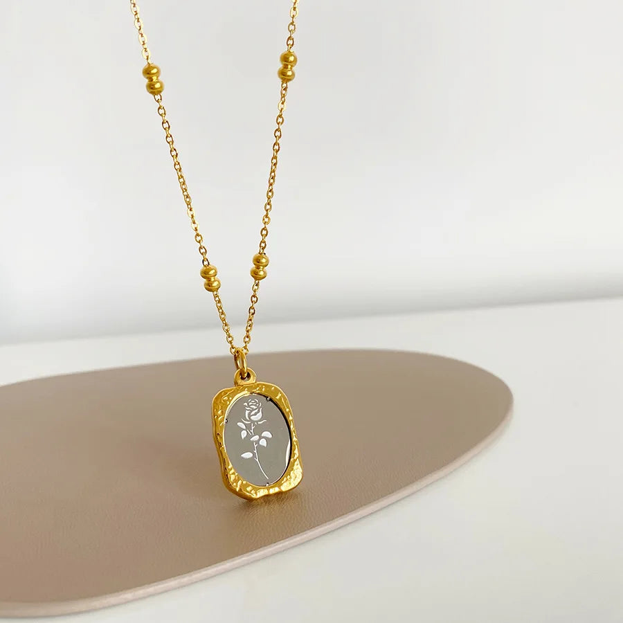 French Bead Chain Retro Geometric Magic Stainless Steel 18K Gold Plated Mirror Rose Flower Pendant Necklace Fashion Accessory