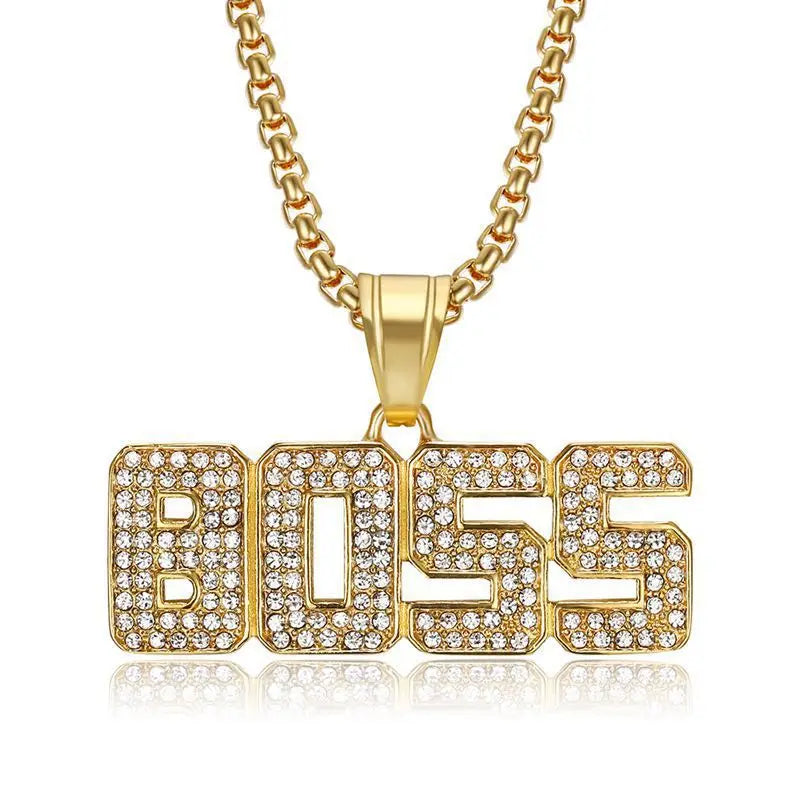 Luxury Men's Hip Hop Jewelry Stainless Steel Boss Letter Pendant Necklace Gold Plated Square Pearl Beads Classics for Rap