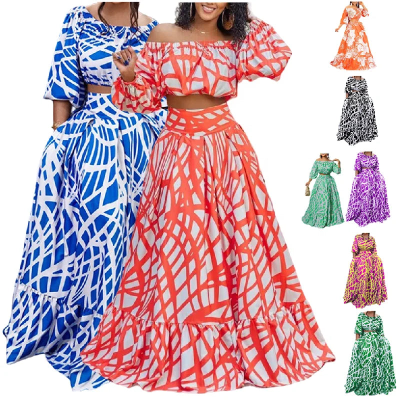 YQY9423 Trendy Spring Two Piece Set Women Clothing Elegant Printed Short Top and Maxi Skirt Sets Women 2 Piece Outfits for Women