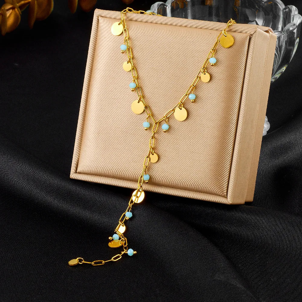 DAIHE Jewelry Dainty 18K PVD Gold Plated Stainless Steel Cubic Zirconia Long Y Shape Chain Necklace