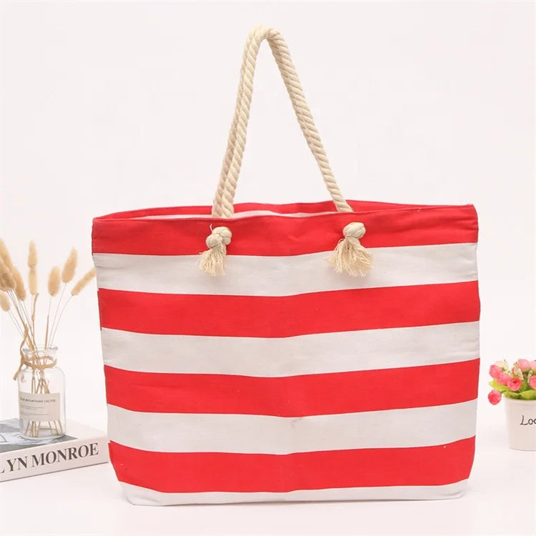 Custom Striped Printed Fashion Rope Handle Canvas Beach Tote Bag