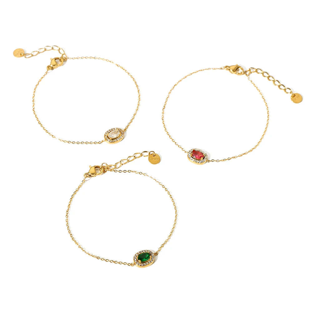 Ins Stainless Steel 18k Gold Plated Geometric Oval Cubic Zircon Colorful Pendant Women Bracelets for Jewelry Gift
