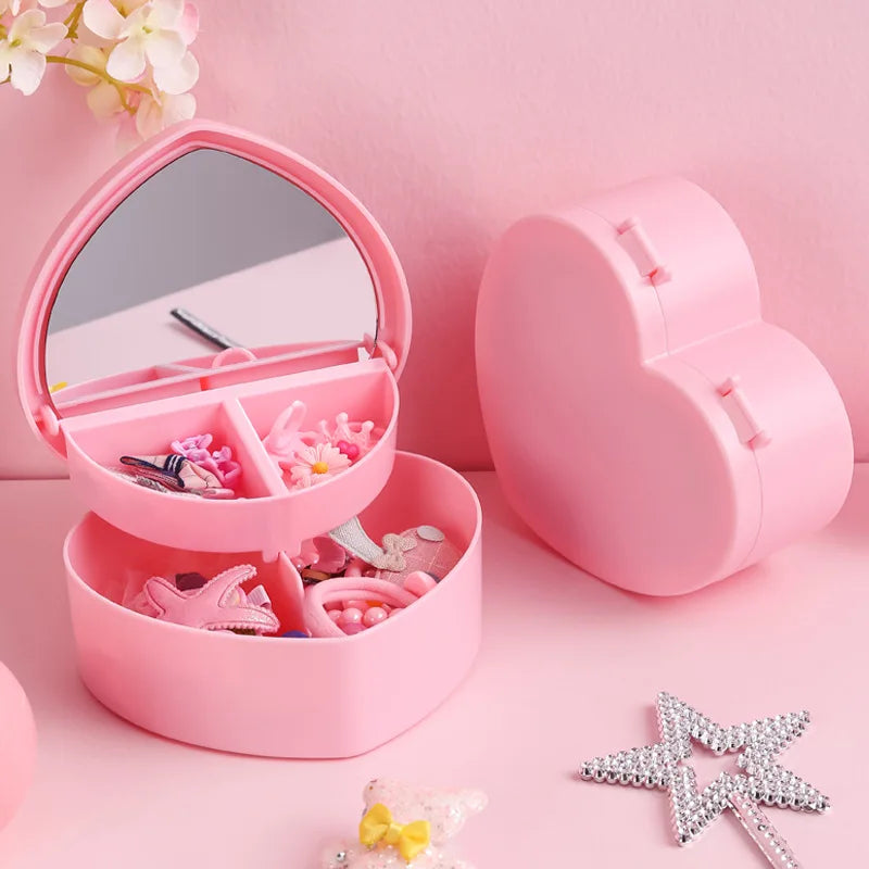 Pink Girl Heart Storage Box with Mirror Plastic Travel Private Label Makeup Mirror WIth Box Accessory Hair Clips Jewelry Box