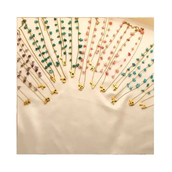 GT New Irregular Natural Stone A-Z Letter 18k Gold Plated Stainless Steel Handmade Gemstone Chain Necklace for Women and Girls