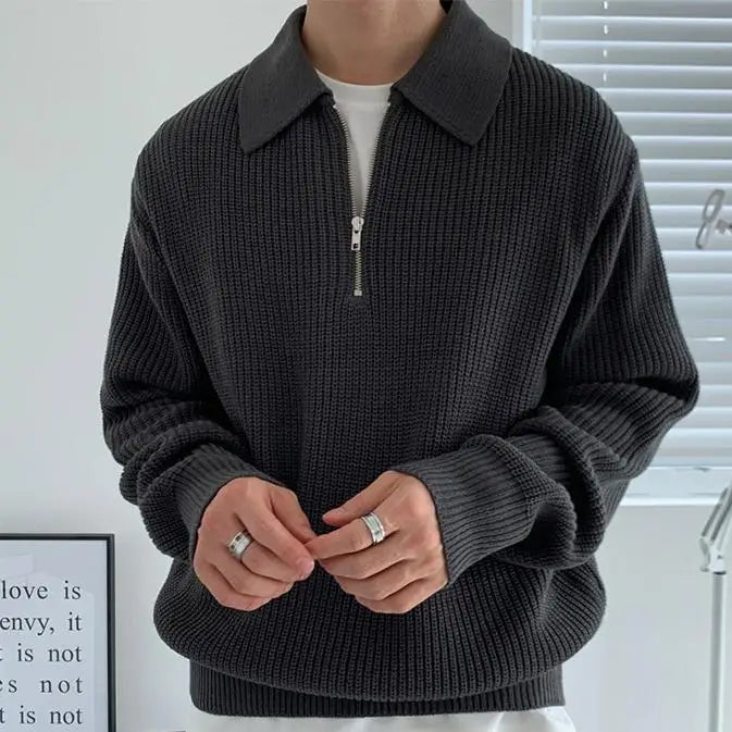 M-3XL  Korean Version Solid Color Knitted Sweater Trendy Zippered Sweater Jacket Men's Lapel Casual Long Sleeves Tops