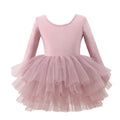 Kids Pink Girls 4 Layer Ballet Dress Long Sleeves Tulle Tutu Skirt Dancewear Costume