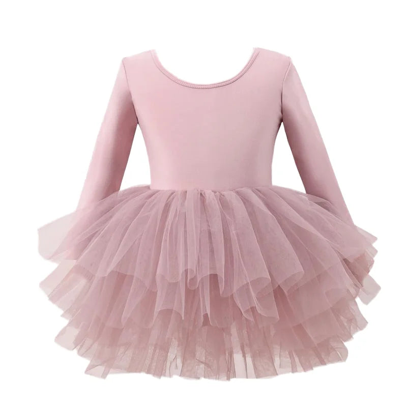 Kids Pink Girls 4 Layer Ballet Dress Long Sleeves Tulle Tutu Skirt Dancewear Costume