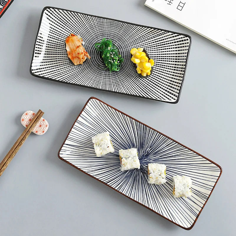 2025 New Japanese Style Color Pad Printing Rectangle High Quality Underglaze Ceramic Dinner Sushi Plate Set