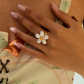 J&D 18k Gold Stainless Steel 18K Tarnish Free Waterproof Shell Beads Flower Open Ring