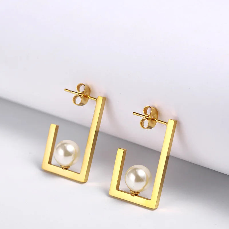 Waterproof Titanium Stainless Steel 18k Gold Plated Geometric square Dangle Pearl Bead Charm Earring Women Jewellery