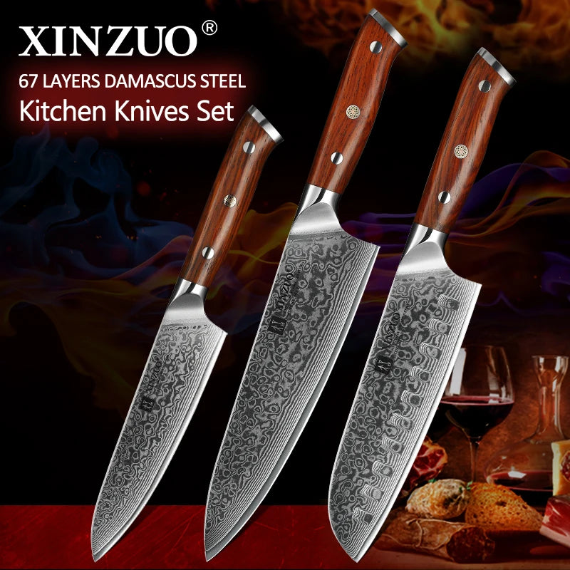 3pcs Kitchen Knives Damascus Stainless Steel Chef Knife Set With Rosewood Handle