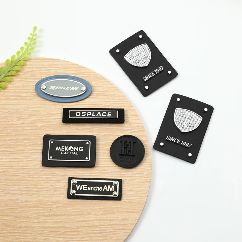 Fashion Custom Brand Clothing Pu Leather Metal Label Patch Engraved logo Nameplate Metal Label Blank Metal logo for Clothing