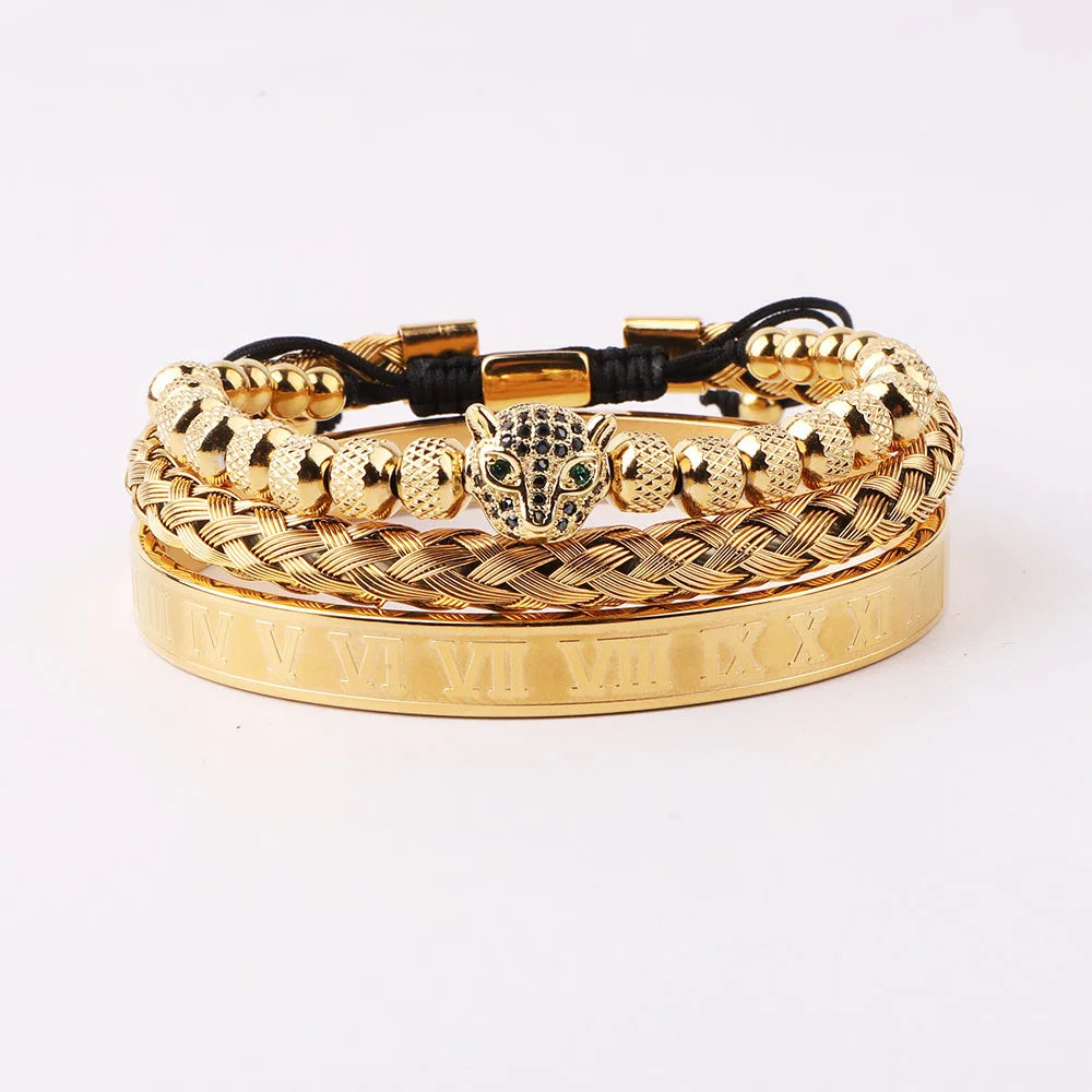 New Design Luxury Stainless Steel Roman Numeral Bangle CZ Leopard Charm Bracelet Set Men JBS12450
