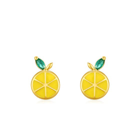 Small Exquisite and Cute Earrings 925 Sterling Silver Gold Plated Yellow Enamel Fruit Lemon Stud Earrings