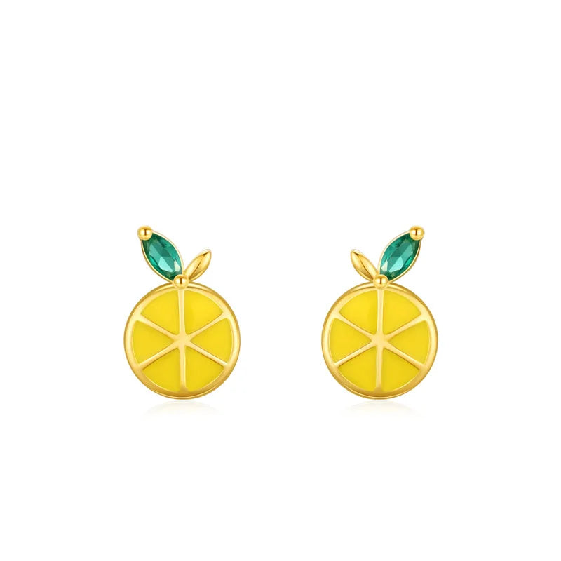 Small Exquisite and Cute Earrings 925 Sterling Silver Gold Plated Yellow Enamel Fruit Lemon Stud Earrings