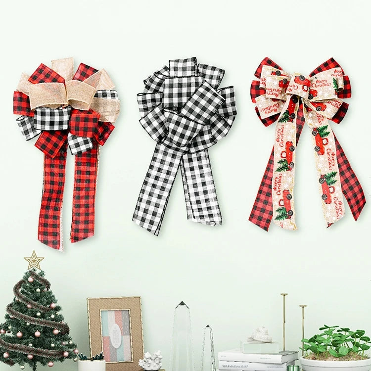 Factory Price Ribbon Bows Bowknot Christmas Tree Ornaments XMAS Holiday Party Home Decor Pink Red Elk Print Decoration Pendant