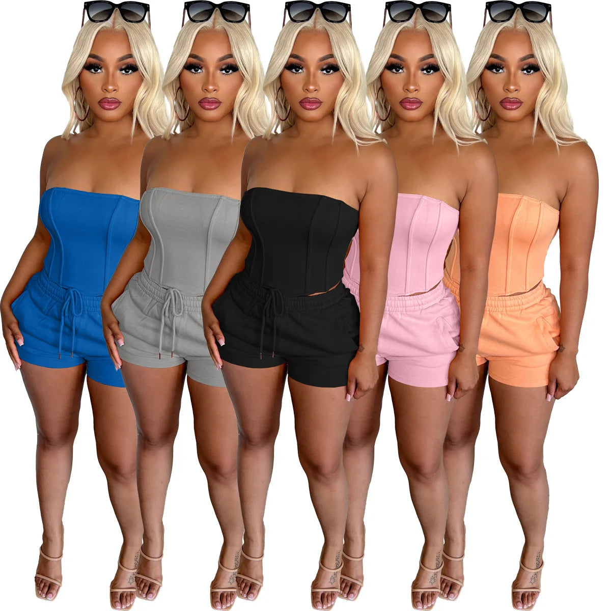 Women Casual Two Piece Sets Lounge Wear Ladies Clothing Solid Summer Shorts Sets Sweatsuits Tube Top Suits