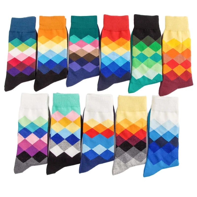 High Quality Unisex Cotton Crew Socks Stylish Geometric Pattern Print Jacquard Design Casual Fall Dress Anti-Bacterial for Men