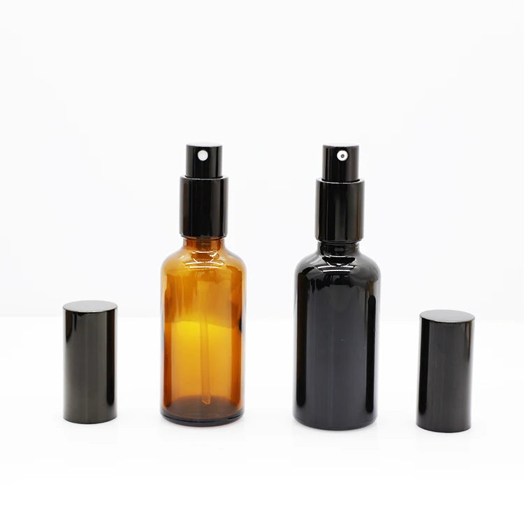OEM glass cosmetic 50ml 100ml black uv amber essential oil dropper bottle  perfume oil lotion spray/pump bottle with plastic lid