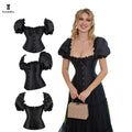 Solid Black Women's Vintage Corset Dress Lantern Sleeve Lace up Boned Korsett & Corselet Plus Size Body Shaper