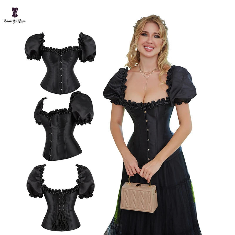 Solid Black Women's Vintage Corset Dress Lantern Sleeve Lace up Boned Korsett & Corselet Plus Size Body Shaper