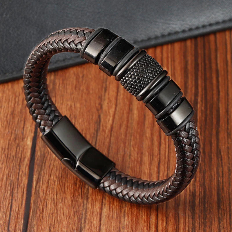 Engraved Men's Stainless Steel Vintage Handmade Braided Bangles Magnetic Clasp 14K Gold Plated