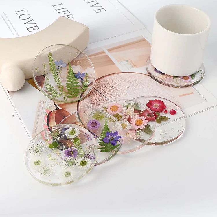 Drink Coasters Flower Cup Mat Epoxy Resin Pressed Flower Coasters with Colorful Natural Floral Reusable Round Kitchen Utensils