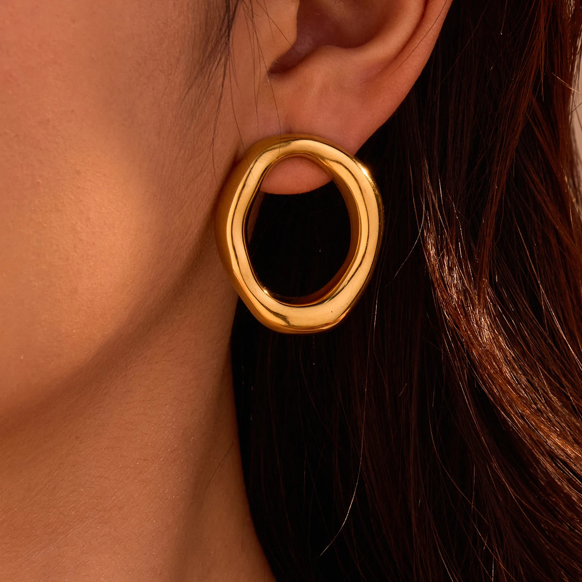 Waterproof Hollow Statement Earrings Women Fashion Jewelry 18K Gold Plated Stainless Steel Round Chunky Bold Hoop Earrings