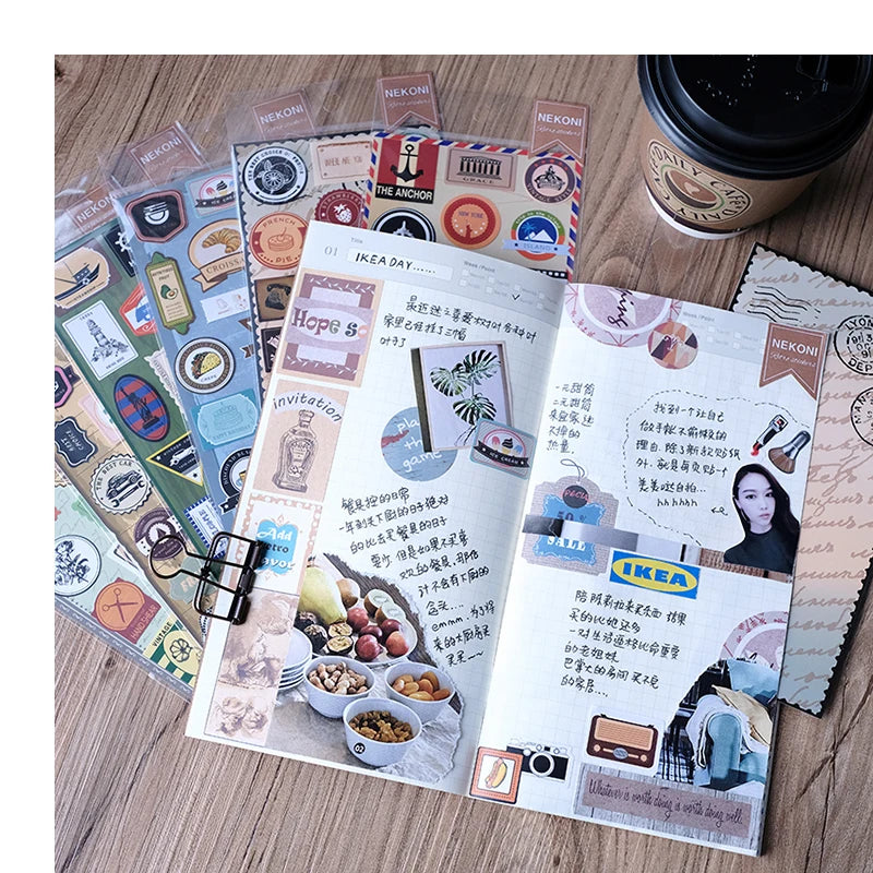 Nekoni Vintage Style Stickers Paper Stickers Adhesive Decals Original Decal Decorative Decals for Hand Account Stickers