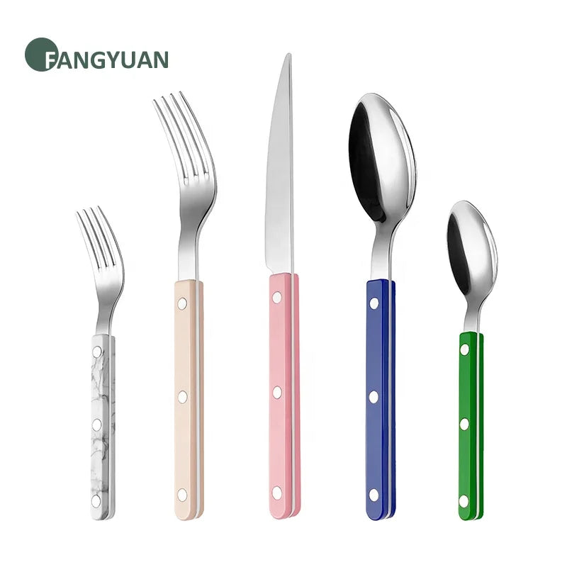 New Arrival ABS Plastic Wooden Marble Texture Handle Stainless Steel 304 Cutlery Spoon Fork Set Wholesale