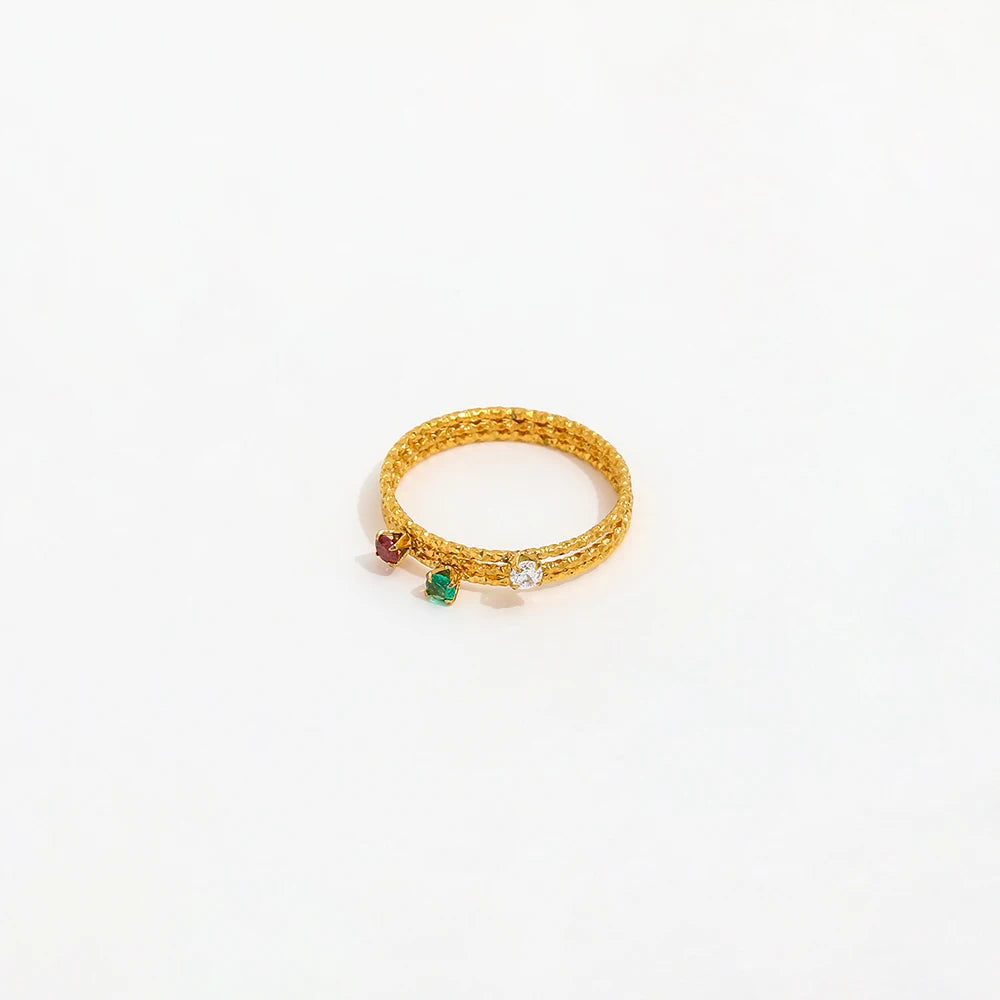 High End 18K Plain Gold Dainty Shiny Red Green Clear Zirconia Fine Rings Stainless Steel Trendy Simple Gold Plated Jewelry