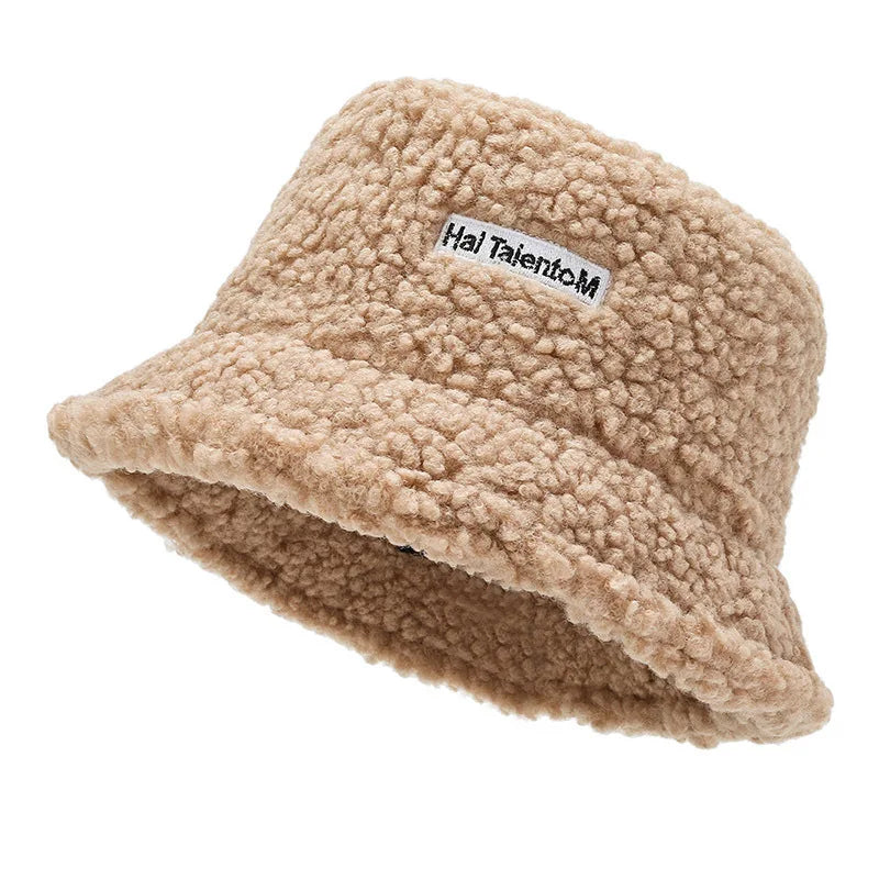 Wholesale Custom logo Fur Bucket Hat for Women Winter Fisherman Hat Fleece Faux Fur Lamb Wool Bucket Hat