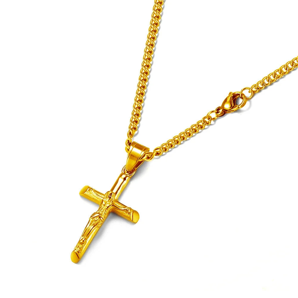 Christian Catholic Religious Pendant Necklace Men Waterproof 18K Gold PVD Stainless Steel Jesus Crucifix Amulet Cross Necklaces