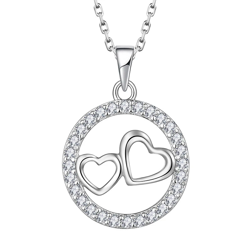Hot Selling Sterling Silver Heart Round Combine Pendant Exquisite Clear Cz 925 Silver Heart Charm Necklace
