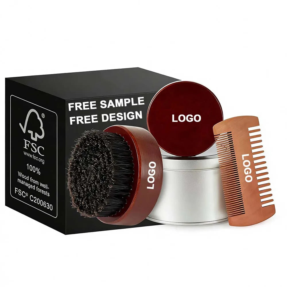 Custom Logo Beard Brush with Boar Bristles and Black Walnut Wood Beard Comb Set for Beard Cleaning and Soften Your Facial Hair