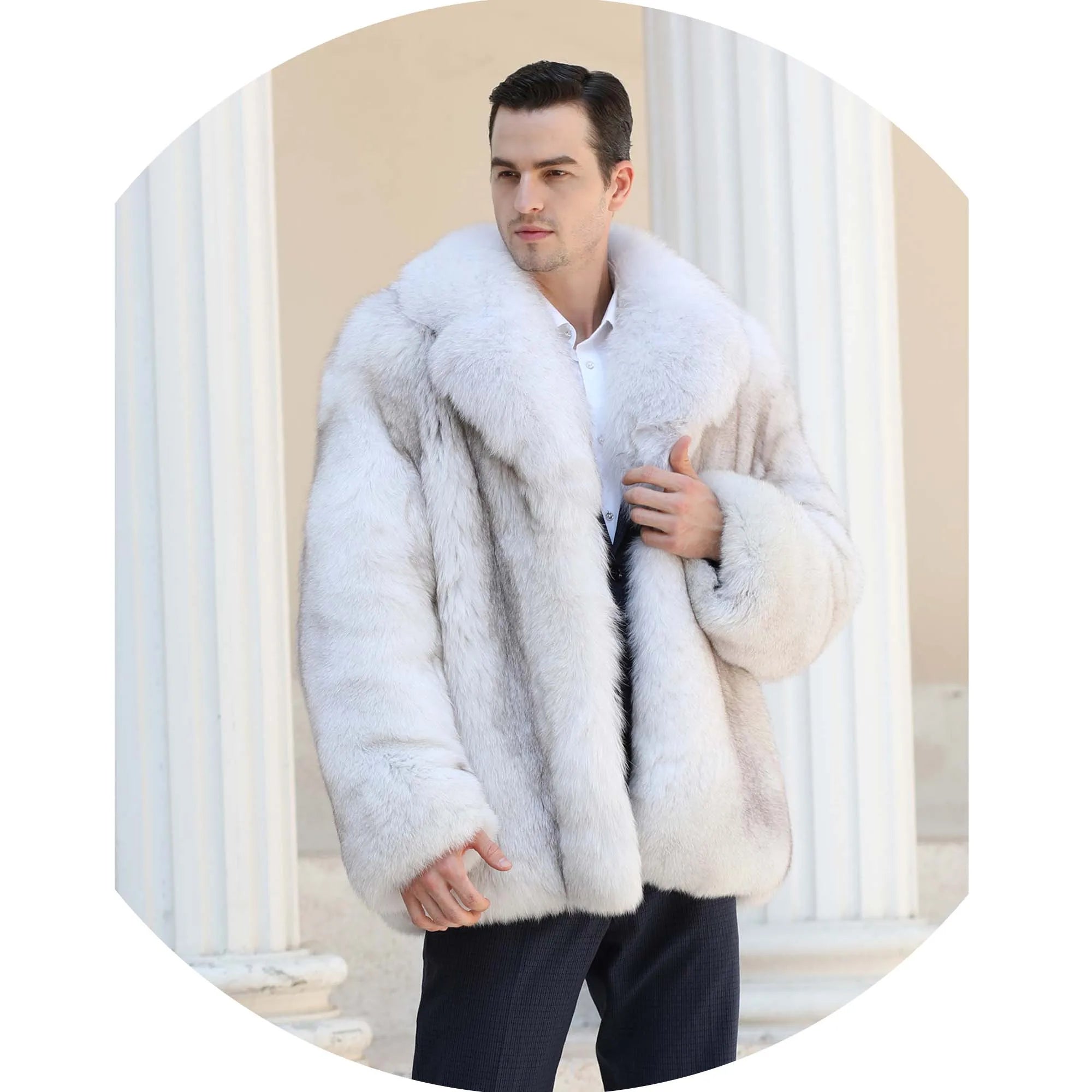 Custom Winter Warm Fluffy Lapel Fur Collar Coat t Men's Luxury  Winter Furry Real Fur Coat Jacket for Men