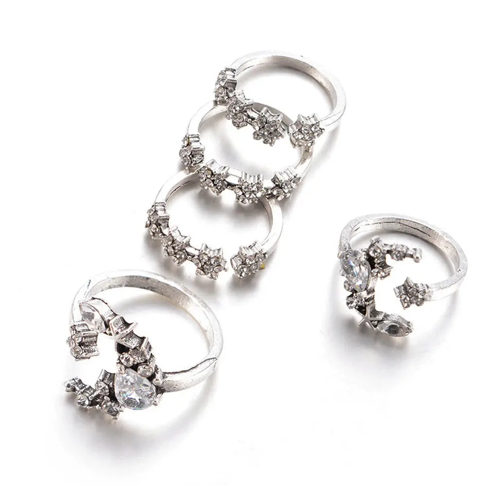 5 Pcs Women Rings Set Knuckle Silver Bohemian Girls Vintage Gem Crystal Joint Knot Ring Sets for Teens Party Daily Jewelry Gift