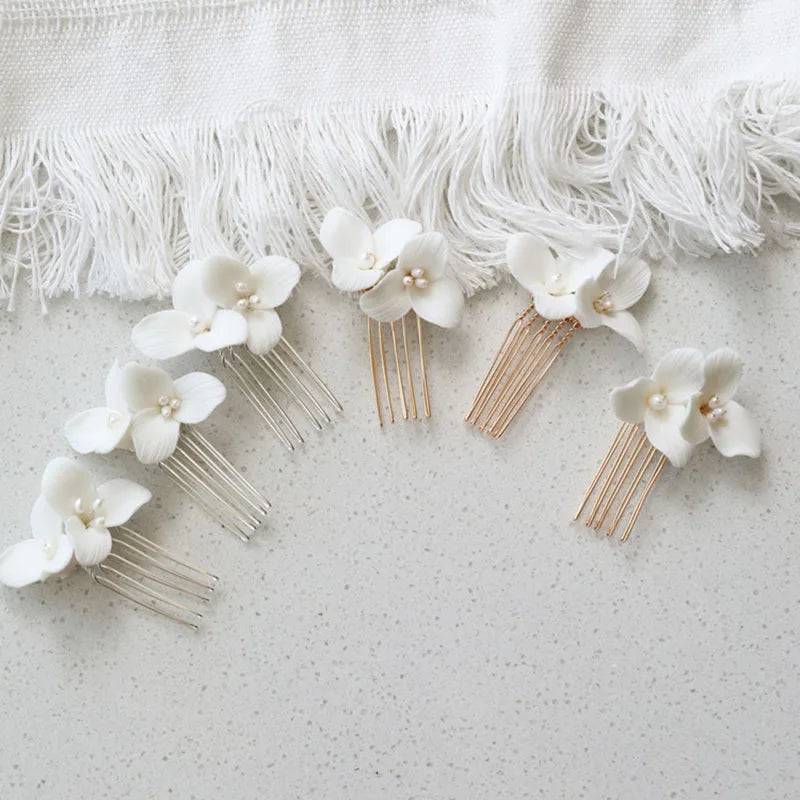 SLBRIDAL Handmade Ceramic Flower Freshwater Pearls Bridal Hair Comb Pin Wedding Hair Accessories Women Hair Jewelry