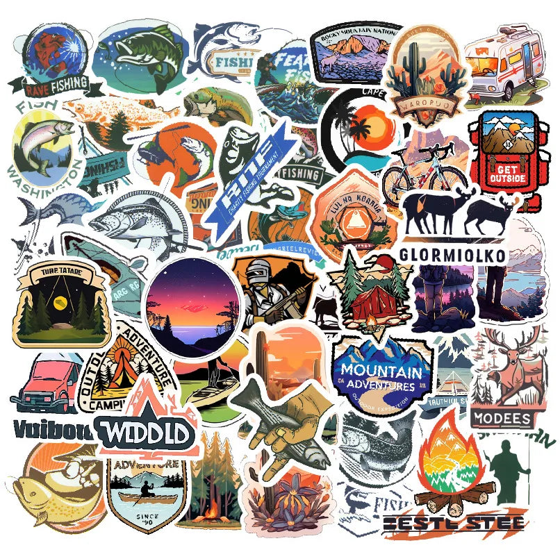 Newly 50PCS cool outdoor travelling adventure hiking camping go fishing sticker