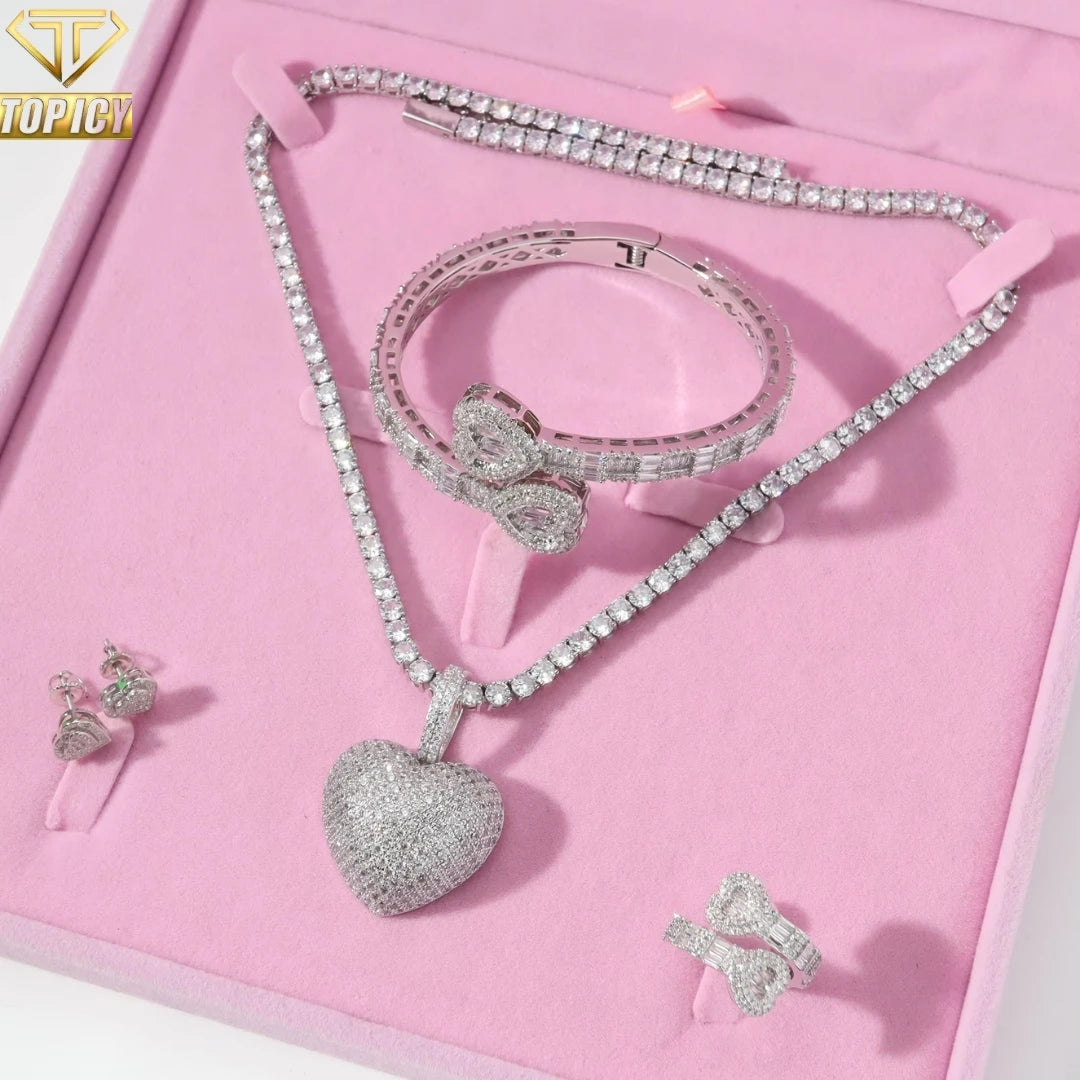 Wholesale Trendy Women's Iced Out Heart Style CZ Bling Bling Tennis Link Chain Set Baguette Bangle Big Heart Pendant for Parties